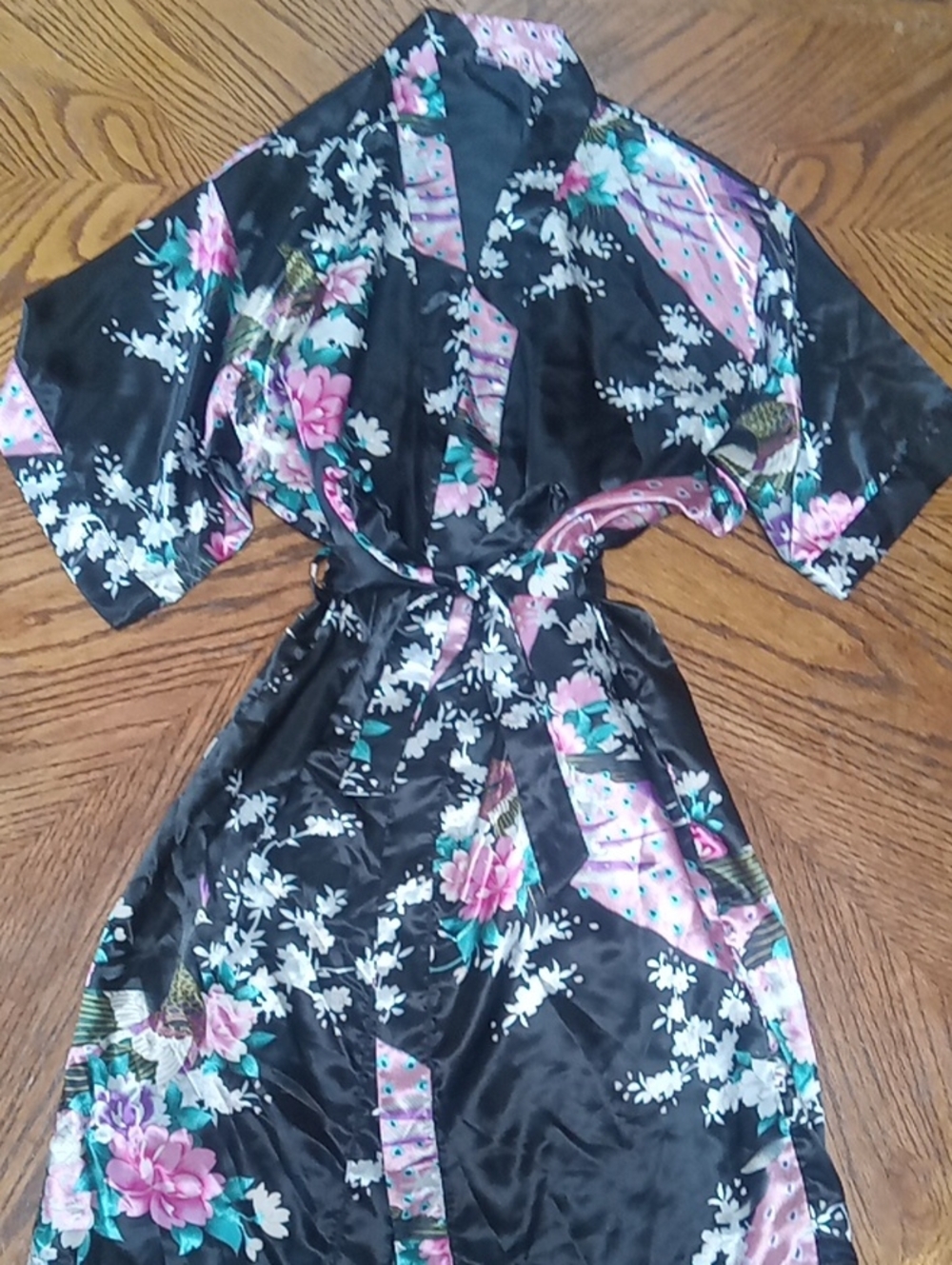 Floral Satin Kimono Robe - Black & Pink